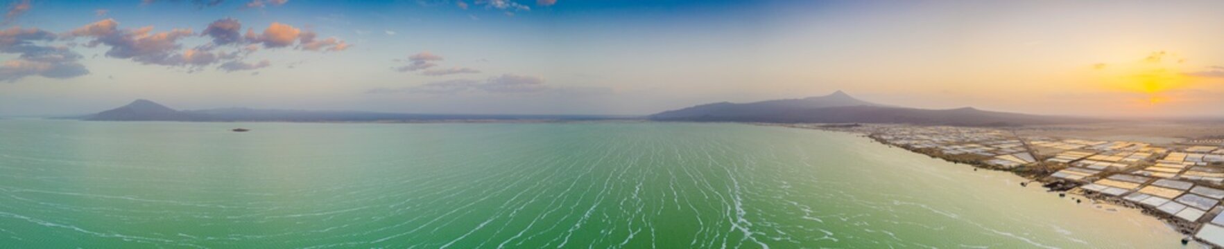 Aerial panoramic of Lake Afrera (Lake Afdera) and salt flats tanks, Danakil Depression, Afar Region, Ethiopia