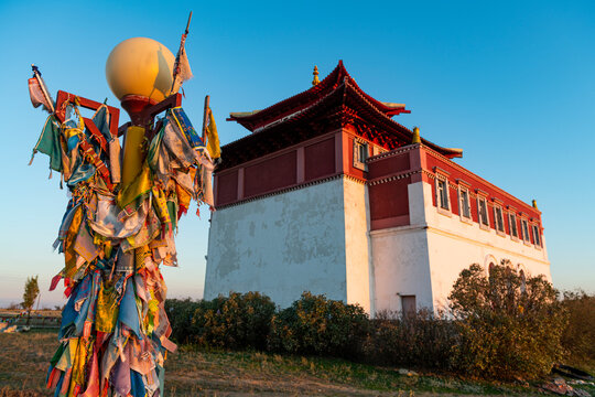Buddhist prayer flags at the Geden Sheddup Choikorling Monastery