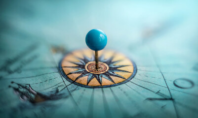 Find your way. Location marking with a blue pin on a old map with wind rose. Adventure, discovery, navigation, communication, logistics, geography, transport and travel theme concept background.