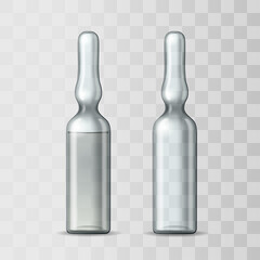 Empty transparent glass ampule and ampule with vaccine or drug for medical treatment.