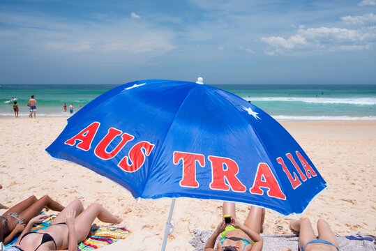 Australia umbrella at Bondi Beach, Sydney, New South Wales, Australia, Pacific