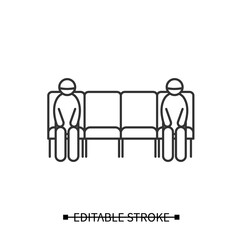 Keep apart icon. People in waiting area keeping social distance. Concept of corona virus safety measures for waiting areas, airports and public places. Editable stroke vector illustration