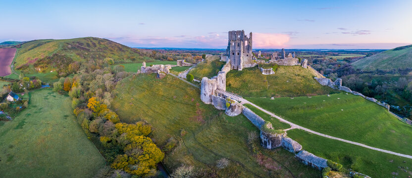 View by drone of Corfe Castle, Dorset