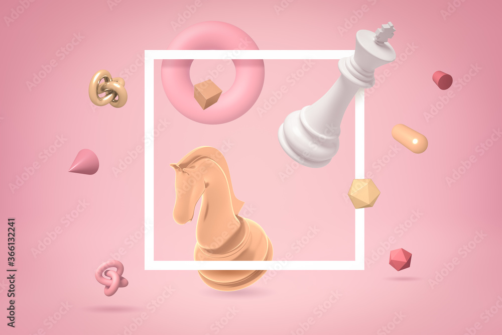 Poster 3d rendering of white chess king and golden chess knight with random objects on pink background