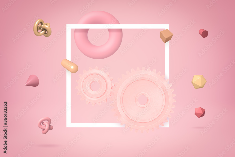 Poster 3d rendering of two light pink cogwheels and one torus on yogurt pink background, highlighted with a