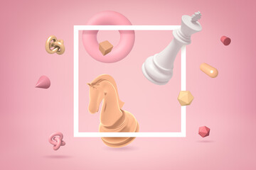 3d rendering of white chess king and golden chess knight with random objects on pink background