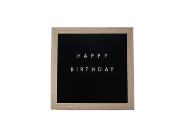 A Sign With a Birch Frame That Says Happy Birthday on a Pure White Background