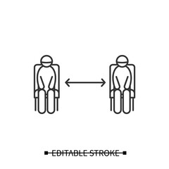 Social distance icon. People sitting apart with space arrow linear pictogram. Concept of corona virus infection safe distance. Editable stroke vector illustration for information sticker