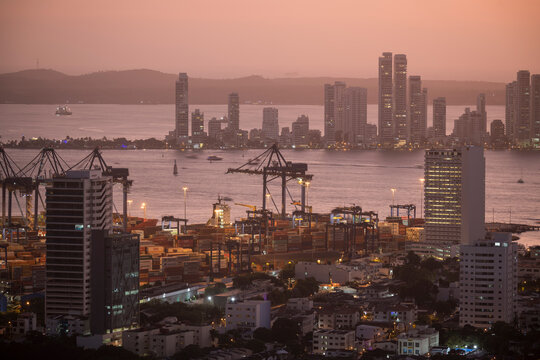 View from Convento de Santa Cruz de la Popa of Cartagena at sunset, Cartagena, Bolivar Department, Colombia