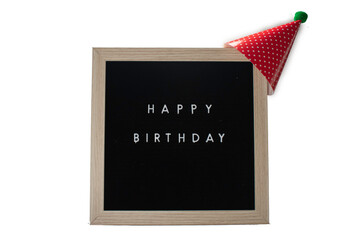 A Sign That Says Happy Birthday With a Red Party Hat on Top on a White Background