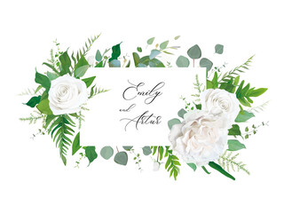 Wedding floral invitation, invite, save the date card. Vector floral frame design: white peony Rose flower, Eucalyptus branch, greenery forest fern leaves botanical illustration. Creative art template