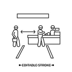 Shop queue icon. Consumer keeping safe physical distance at the supermarket checkout queue line pictogram. Concept of shopping guidelines during covid pandemic. Editable stroke vector illustration