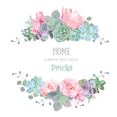 Green colorful succulents vector design round frame. Echeveria, protea, eucaliptus.
