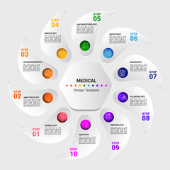 Infographic Medical template. Icons in different colors. Include Venerology, Anesthesiology, Oncology, Gynecology and others.