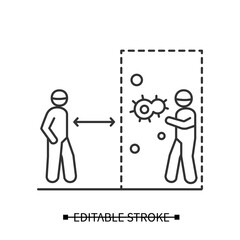 Keep social distance icon. Person keeping away from covid infected man entering public area linear pictogram. Concept of personal health safety measures. Editable stroke vector illustration