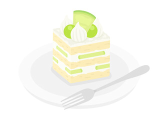 皿にのせたメロンのショートケーキのイラスト