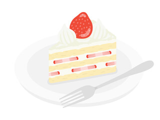 皿にのせたイチゴのショートケーキのイラスト