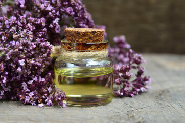 Obraz na płótnie Canvas Oregano essential oil in a glass bottle with fresh blooming herb twigs on a wooden background. Aromatherapy, natural cosmetics,spa or bodycare concept.Selective focus.