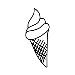Black hand-drawn vector illustration of One fresh cold ice cream in a waffle cone isolated on a white background