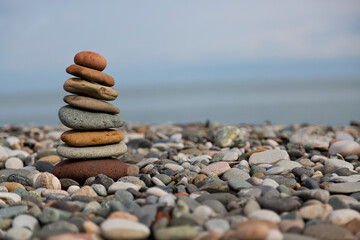Pebble stones on the beach along the Black Sea in Batumi, Georgia.