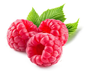 Raspberry isolated. Raspberries with leaves isolate. Raspberry with leaf isolated on white.