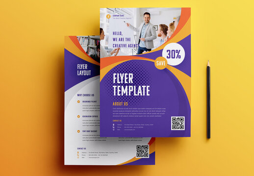 Purple and Yellow Flyer Layout with Ribbon Elements