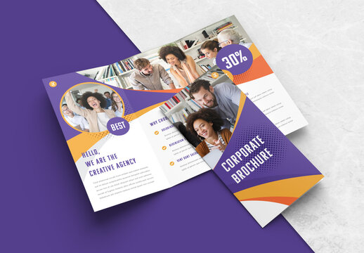Trifold Business Brochure Layout with Purple and Yellow Accents