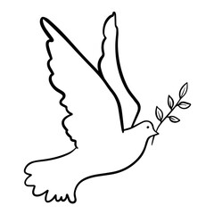 Dove of peace vector illustration, symbols. Flying dove holding olive branch as peace sign vector line art for apps and websites