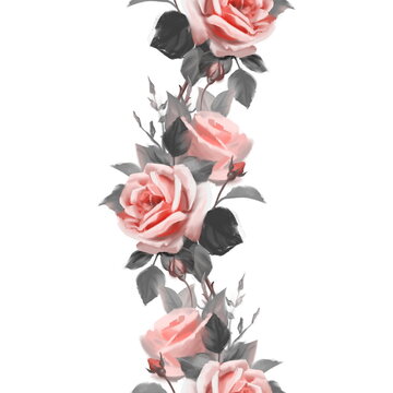Beautiful sealess border with pink roses in vintage style