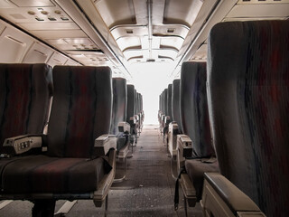 Looking down the aisle of an airplane