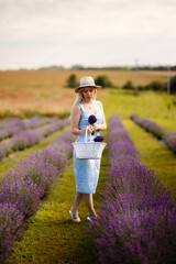 Blonde girl on a lavender field in a straw hat and blue dress.