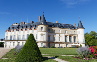 View of Rambouillet castle , XIV century, in picturesque Public Park in town of Rambouillet , 50 km southwest of Paris. France.