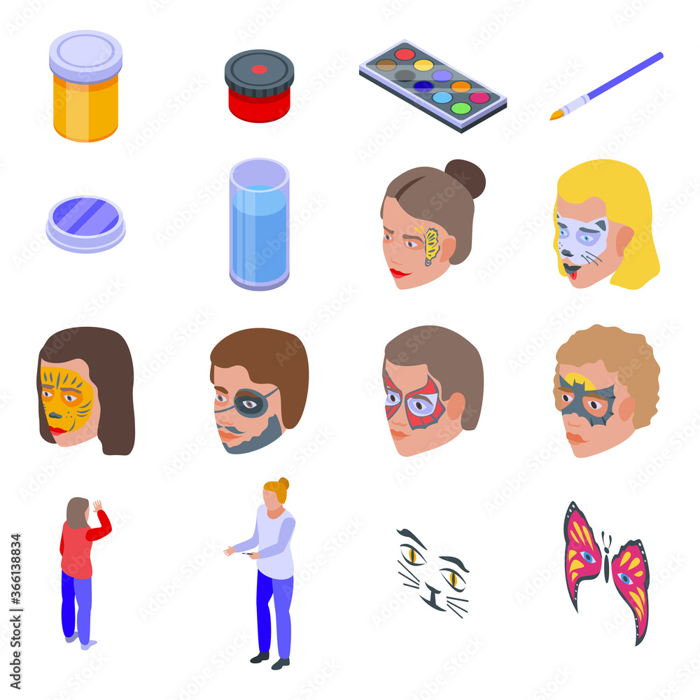 Poster face painting icons set. isometric set of face painting vector icons for web design isolated on whit