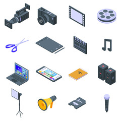 Video editing icons set. Isometric set of video editing vector icons for web design isolated on white background