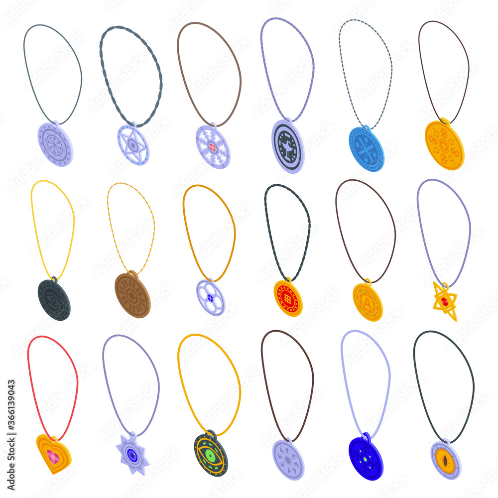 Poster amulet icons set. isometric set of amulet vector icons for web design isolated on white background