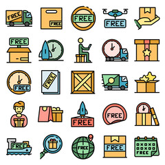 Free shipping icons set. Outline set of free shipping vector icons thin line color flat on white