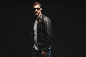 Fototapeta premium Fashion man, Handsome serious beauty male model portrait wear sunglasses and leather jacket, young guy over black background
