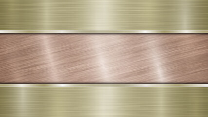 Background consisting of a bronze shiny metallic surface and two horizontal polished golden plates located above and below, with a metal texture, glares and burnished edges