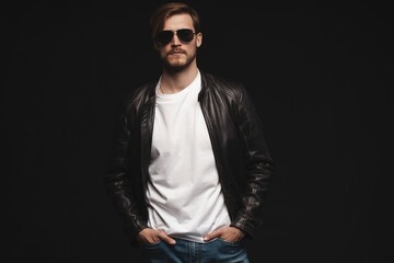 Fototapeta premium Fashion man, Handsome serious beauty male model portrait wear sunglasses and leather jacket, young guy over black background