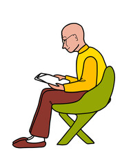 The bald grandfather in profile is sitting in a chair and reading a newspaper.