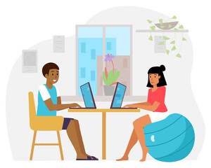 Man and woman working together. Flat vector picture. Couple teamwork.