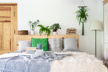 Rural interior of bedroom with wooden bed, grey pillows, green plants and mug of tea for relax....