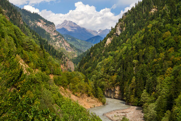 Fototapeta na wymiar Enguri River in the Caucasus Mountains, Georgia