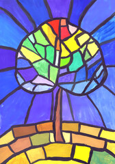 Color abstract tree. Sketch a stained glass window. Children's drawing