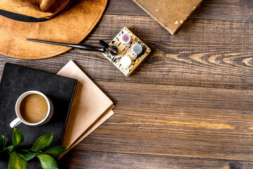 writier tools in profession concept on wooden background top view mock-up