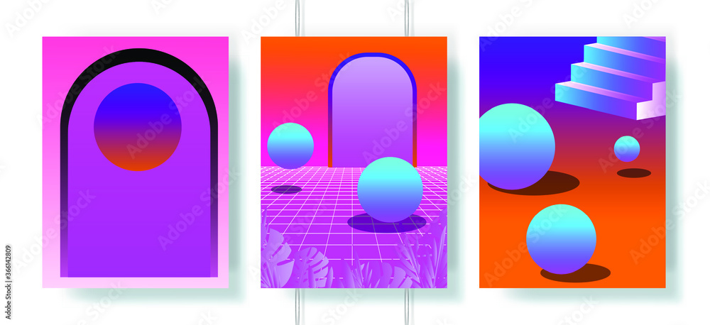 Poster retrofuturistic abstract posters with surreal geometric composition in neon acid colors. vaporwave a