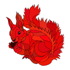 Drawing of a large fluffy squirrel sitting, holding a nut in its paws, a dark outline of smooth lines with a multi-colored fil