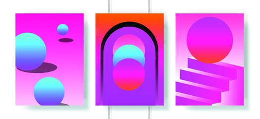 Retrofuturistic abstract posters with surreal geometric composition in neon acid colors. Vaporwave and synthwave style covers for music event.
