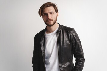Fototapeta premium Fashion man, Handsome serious beauty male model portrait wear leather jacket, young guy over white background