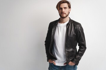 Fototapeta premium Fashion man, Handsome serious beauty male model portrait wear leather jacket, young guy over white background
